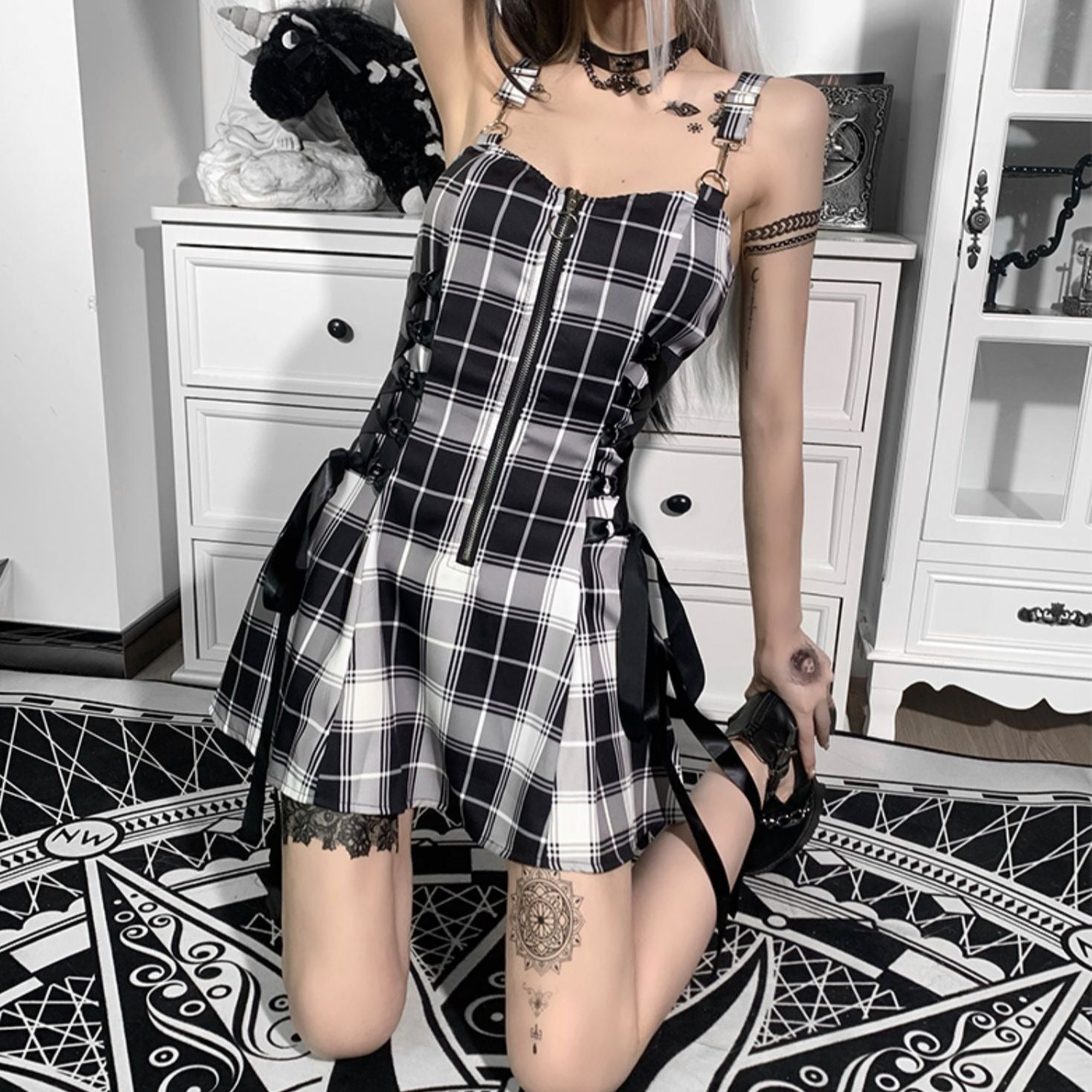 Gothic Plaid Femboy Suspender Dress