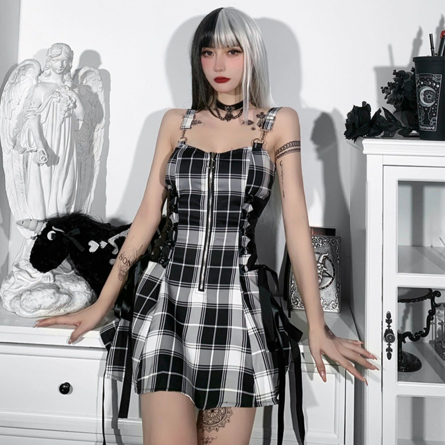 Gothic Plaid Femboy Suspender Dress
