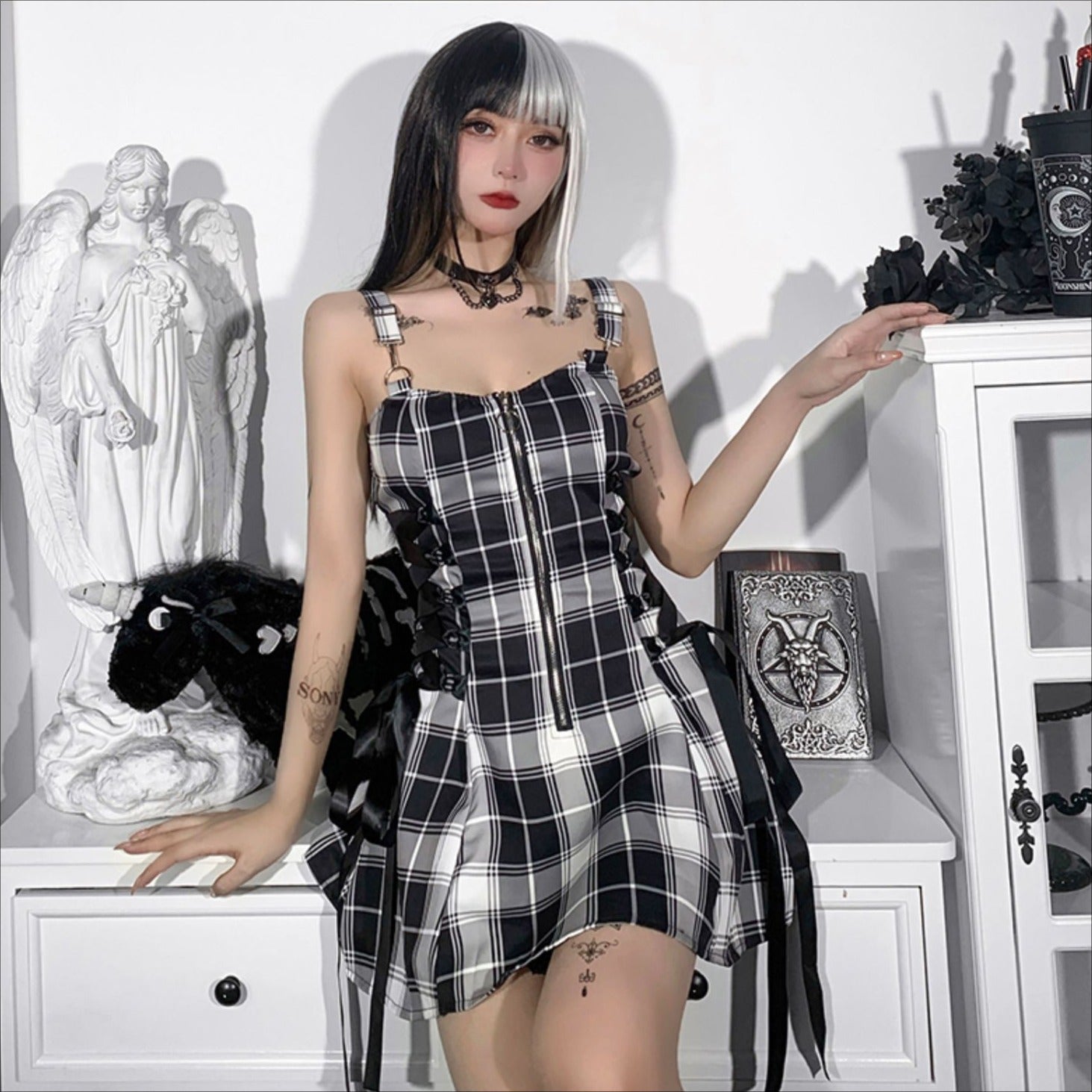 Gothic Plaid Femboy Suspender Dress