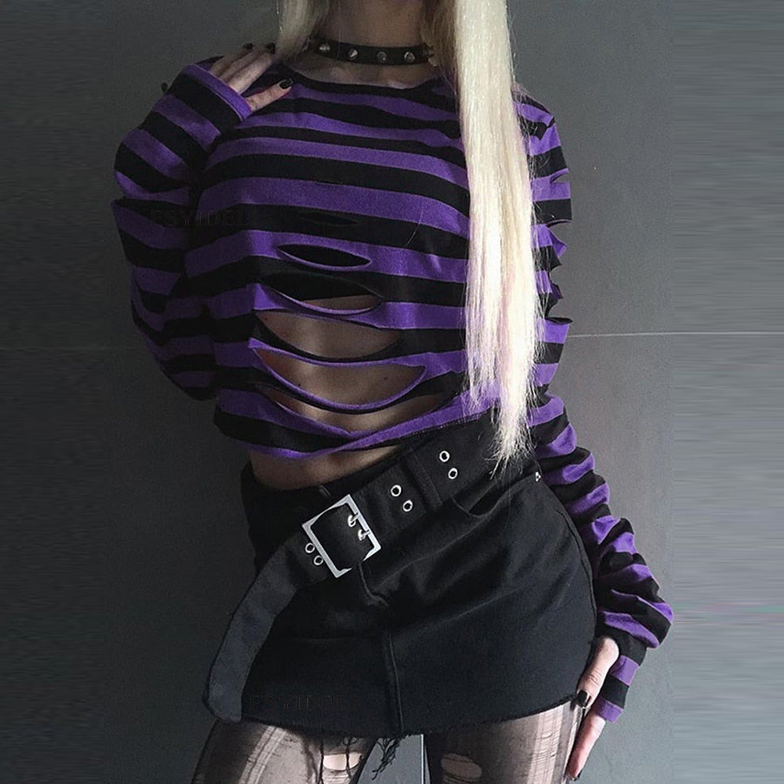 Gothic Stripe Ripped Tee