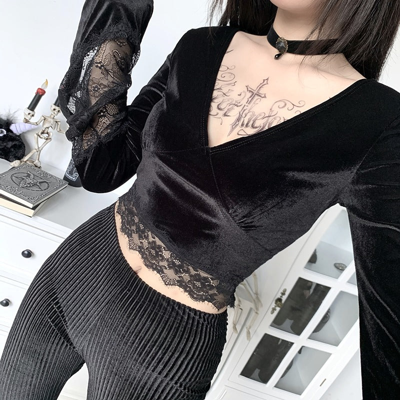 Gothic V-neck Crop Top with Bell Sleeve