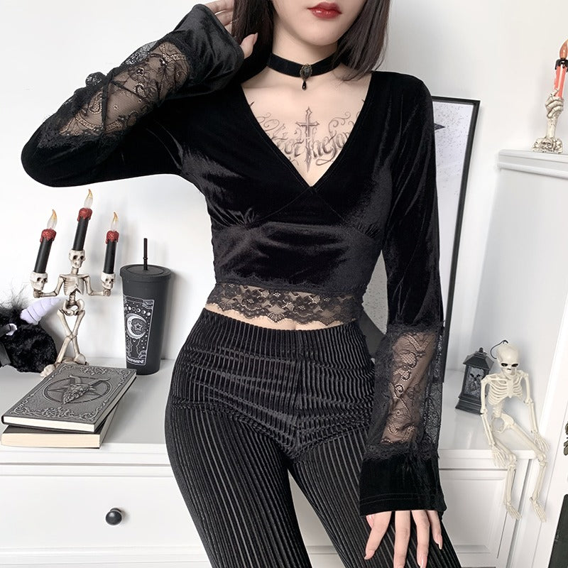 Gothic V-neck Crop Top with Bell Sleeve
