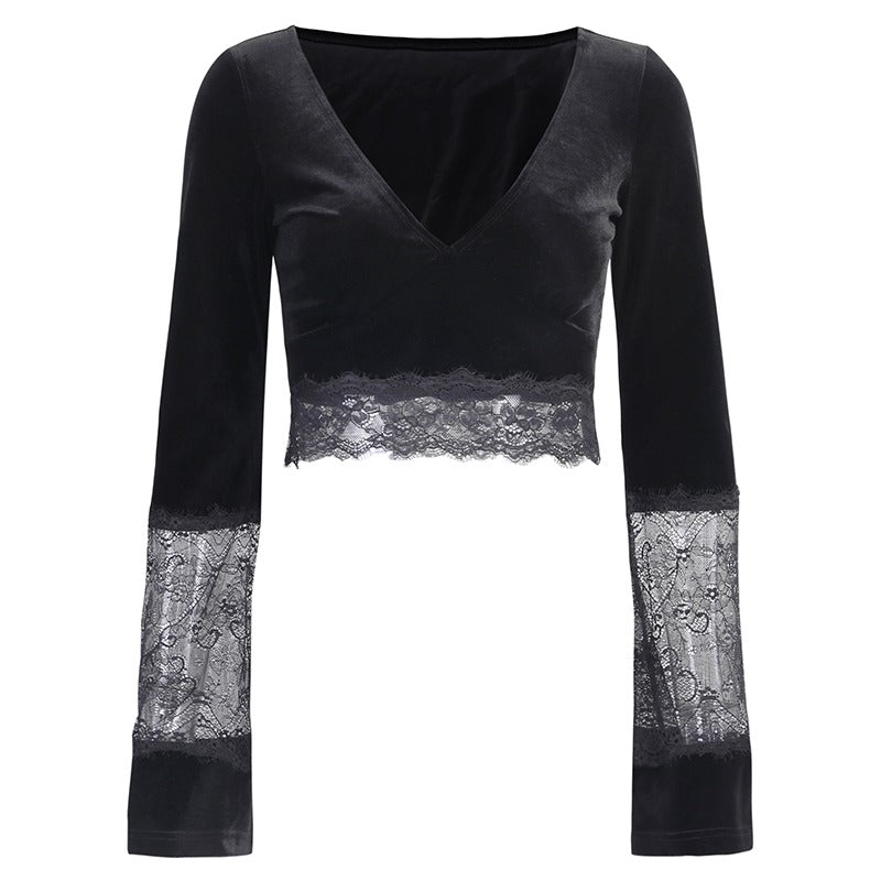 Gothic V-neck Crop Top with Bell Sleeve