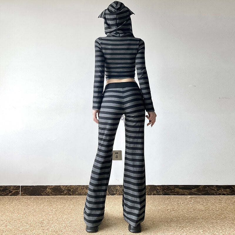 Gray Cat Ear Striped Hoodie