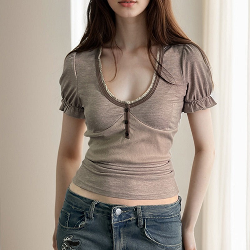 Grunge U Neck Puff Sleeve Top