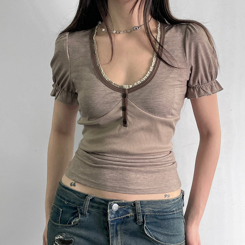 Grunge U Neck Puff Sleeve Top