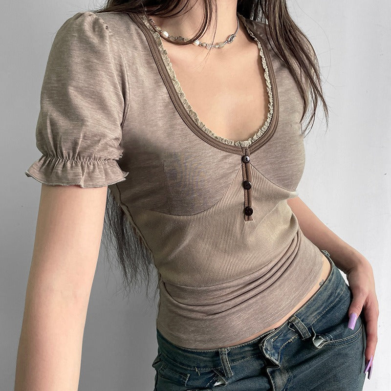 Grunge U Neck Puff Sleeve Top