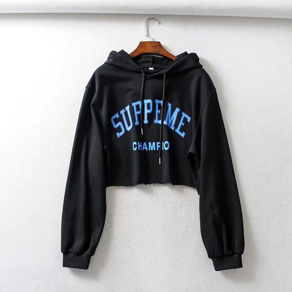 Letter Print Cotton Crop Hoodie