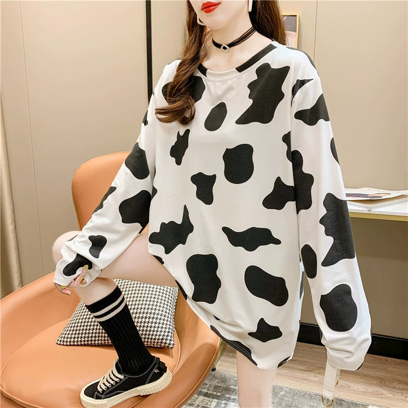 Cow Print Oversize Long Sleeve Top