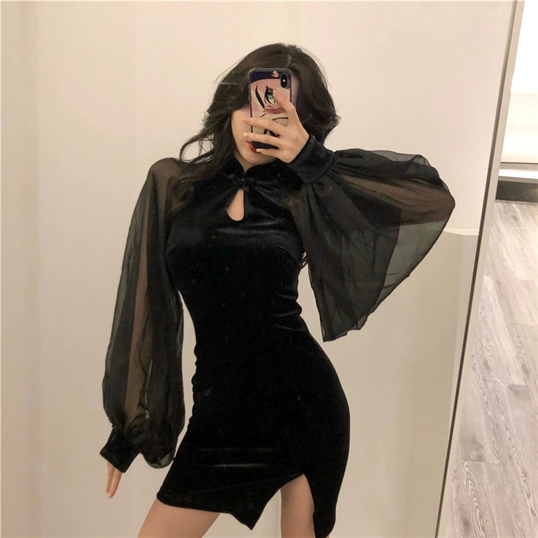 Sheer Sleeve Slit Short Dress.