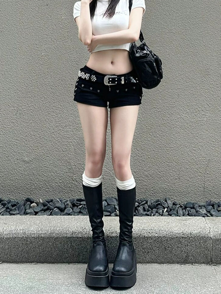 Black Low Rise Denim Shorts