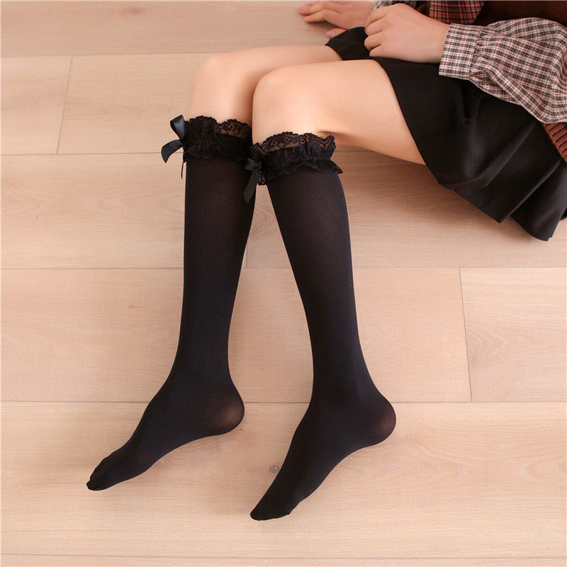 Ruffled Lace Velvet Socks with Bow