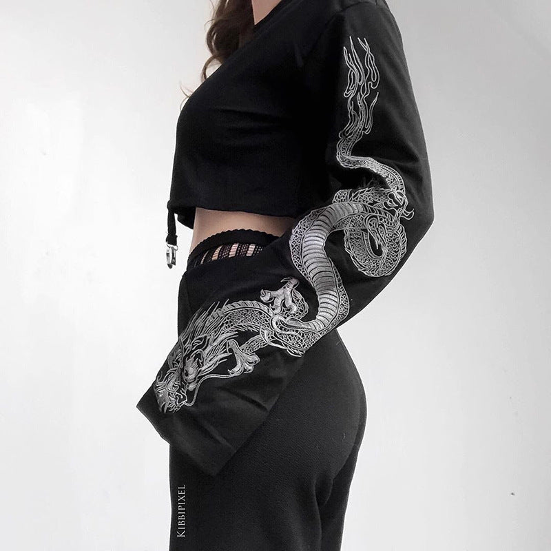 Dragon Pattern Cropped Sweatshirt