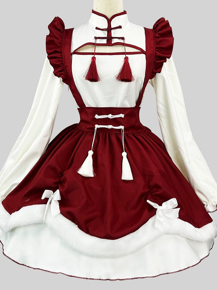 Red Contrasting Fringed Puffy Dress.