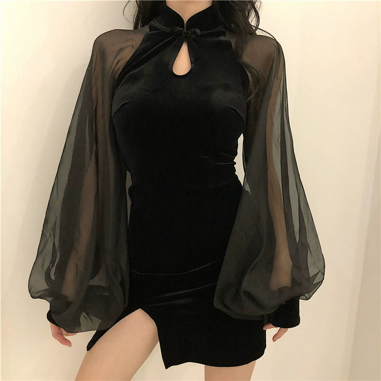 Sheer Sleeve Slit Short Dress.