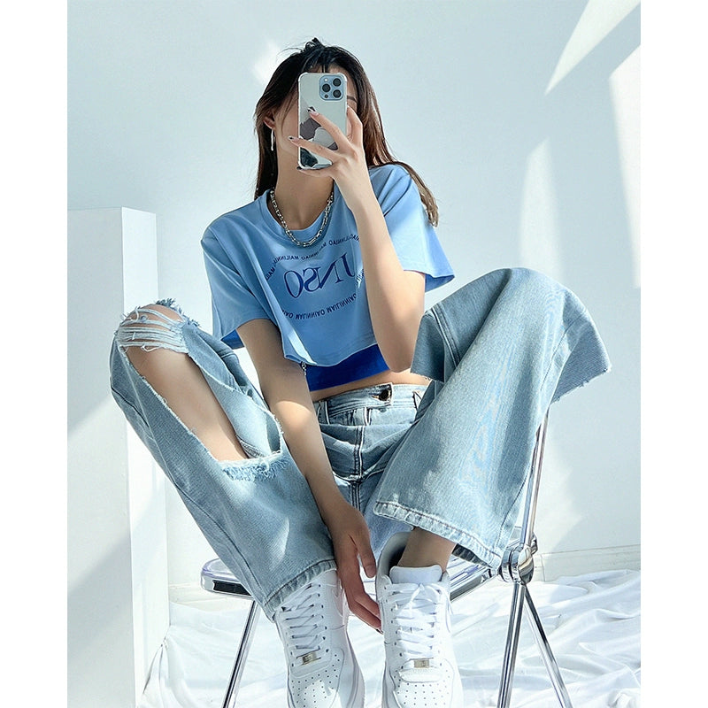 Letter T-shirt with Chain & Tank Crop Top Set