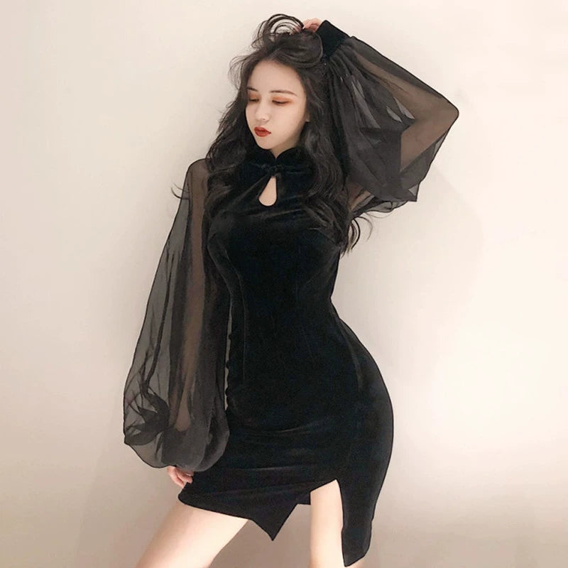Sheer Sleeve Slit Short Dress.