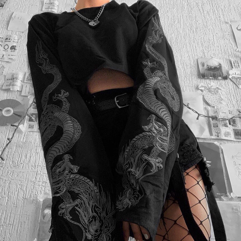 Dragon Pattern Cropped Sweatshirt