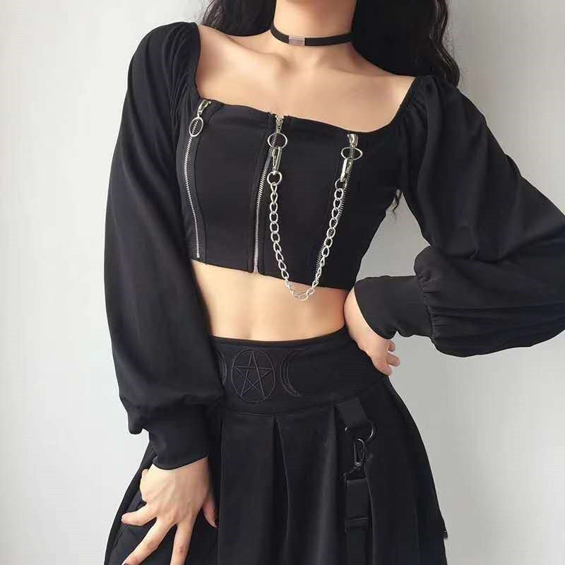 Gothic Square Neck Crop Top With Chain