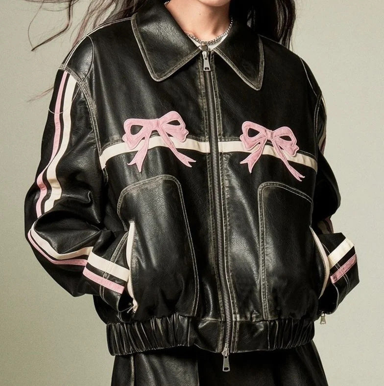 Sweet Bow Leather Bomber Jacket