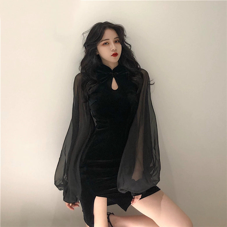 Sheer Sleeve Slit Short Dress.