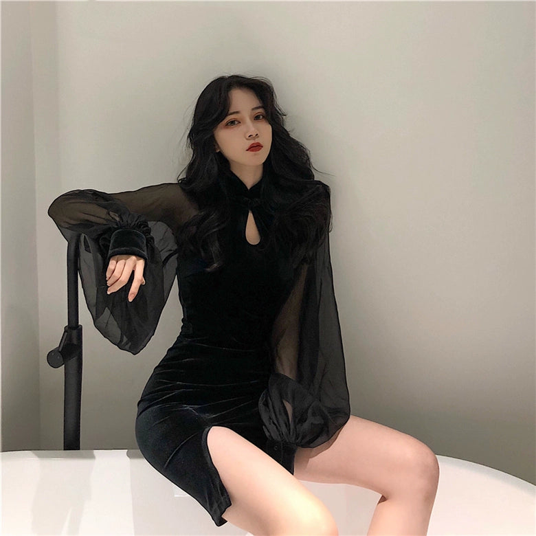 Sheer Sleeve Slit Short Dress.