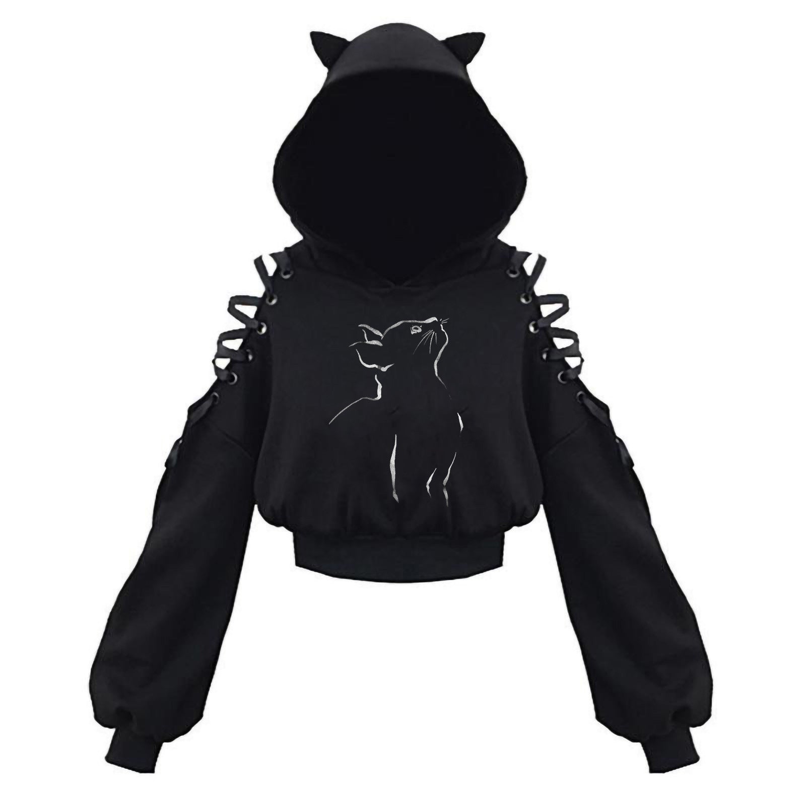 Gothic Cat Crop Top Hoodie