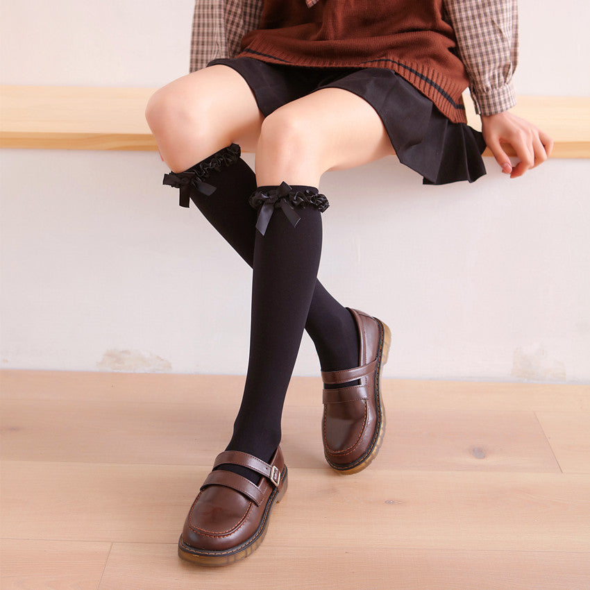 Ruffled Lace Velvet Socks with Bow