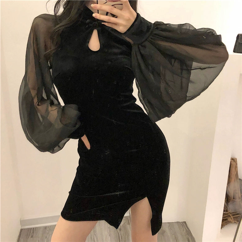 Sheer Sleeve Slit Short Dress.