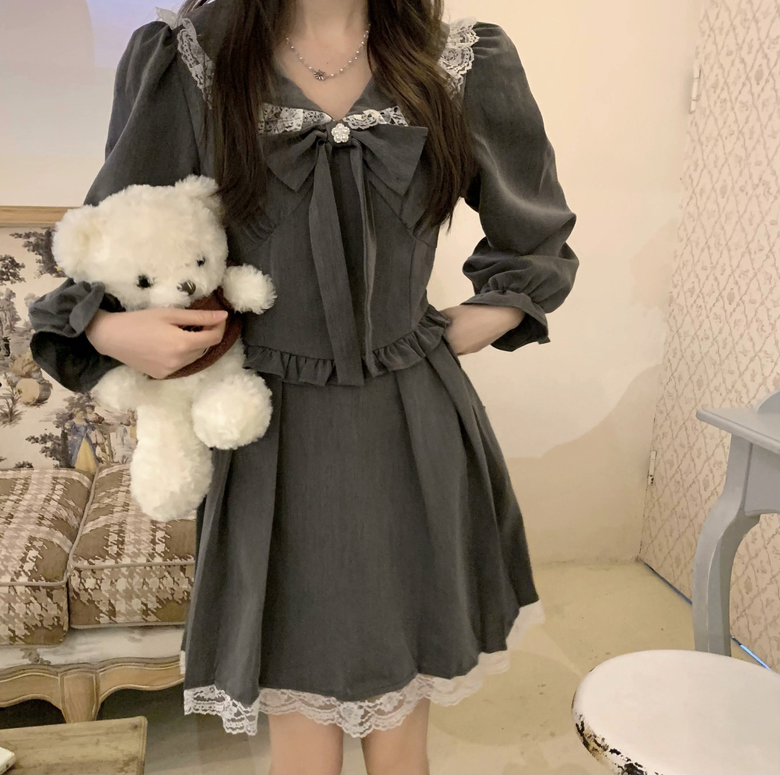 Gray Doll Collar Lace Sissy Dress.
