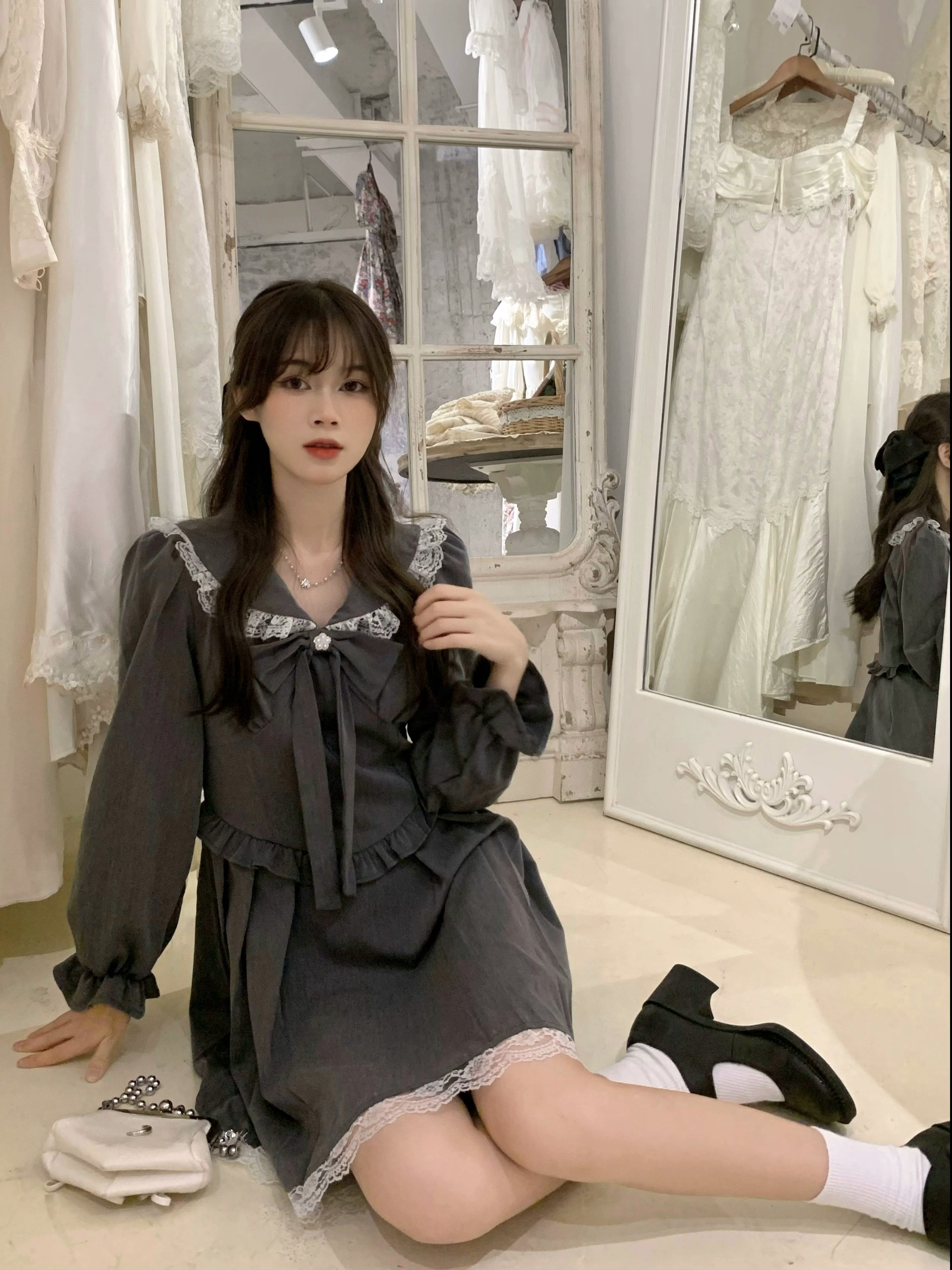 Gray Doll Collar Lace Sissy Dress.