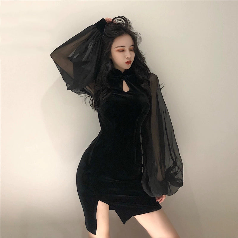 Sheer Sleeve Slit Short Dress.