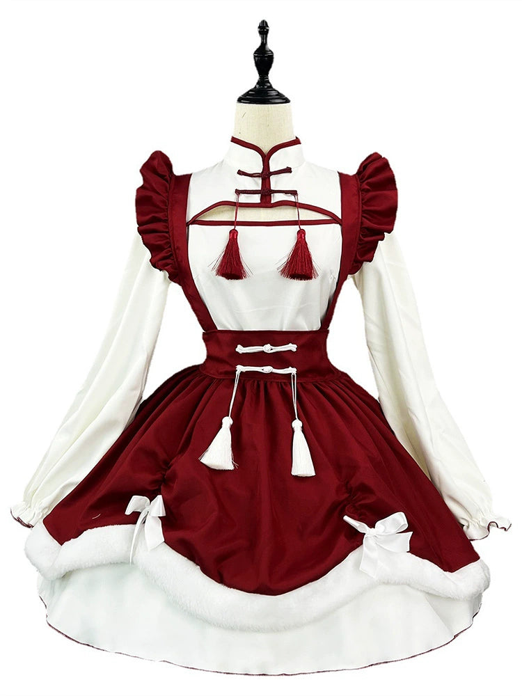 Red Contrasting Fringed Puffy Dress.