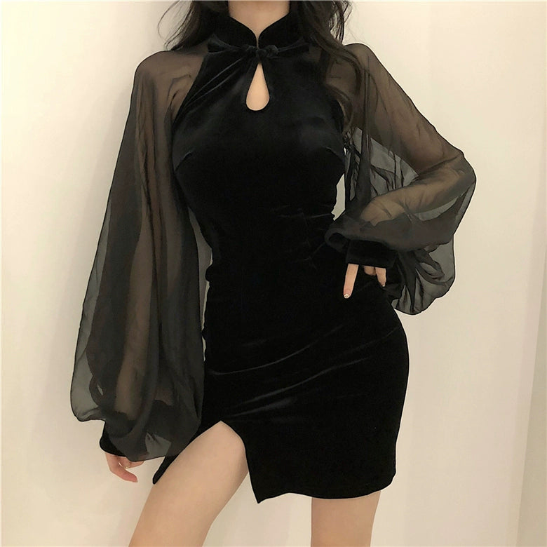 Sheer Sleeve Slit Short Dress.