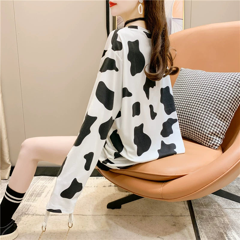 Cow Print Oversize Long Sleeve Top