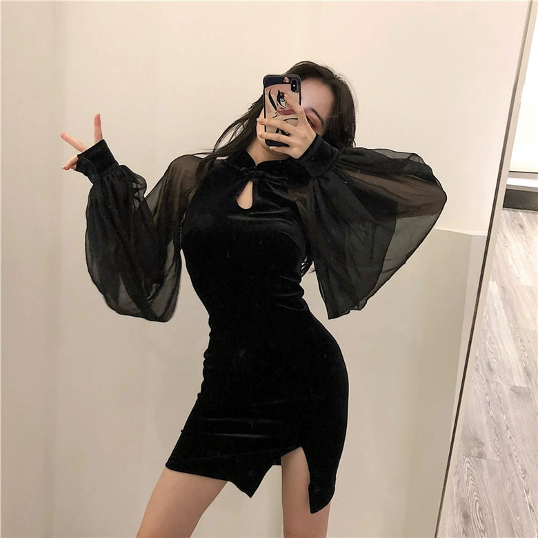 Sheer Sleeve Slit Short Dress.