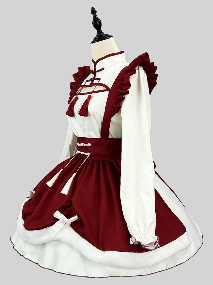Red Contrasting Fringed Puffy Dress.