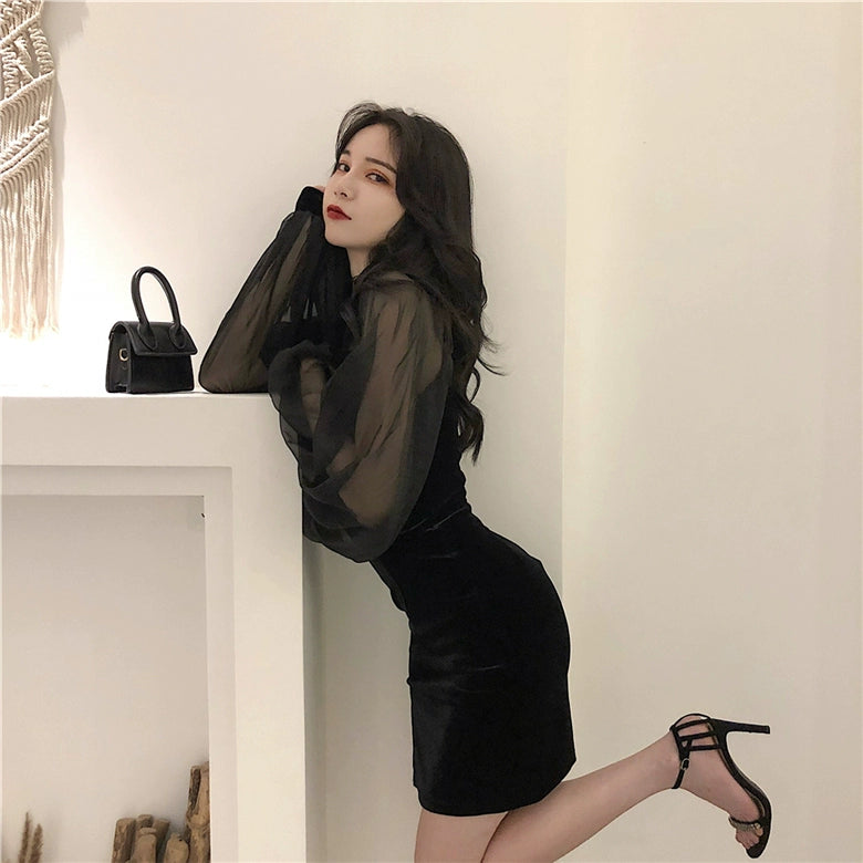 Sheer Sleeve Slit Short Dress.