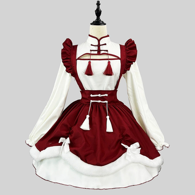 Red Contrasting Fringed Puffy Dress.