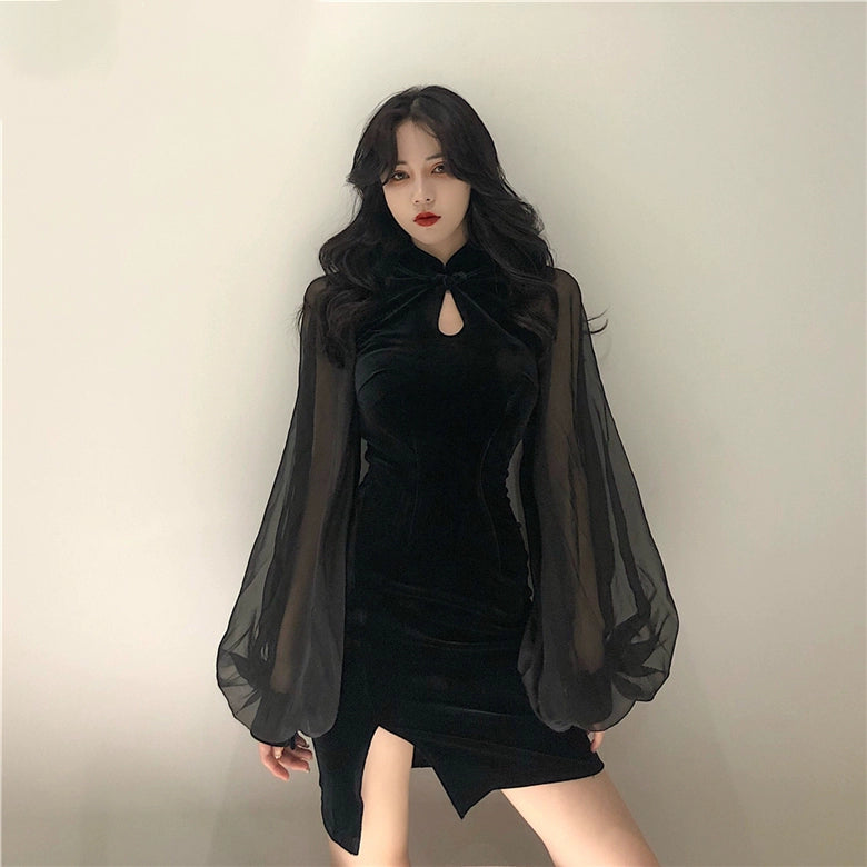 Sheer Sleeve Slit Short Dress.