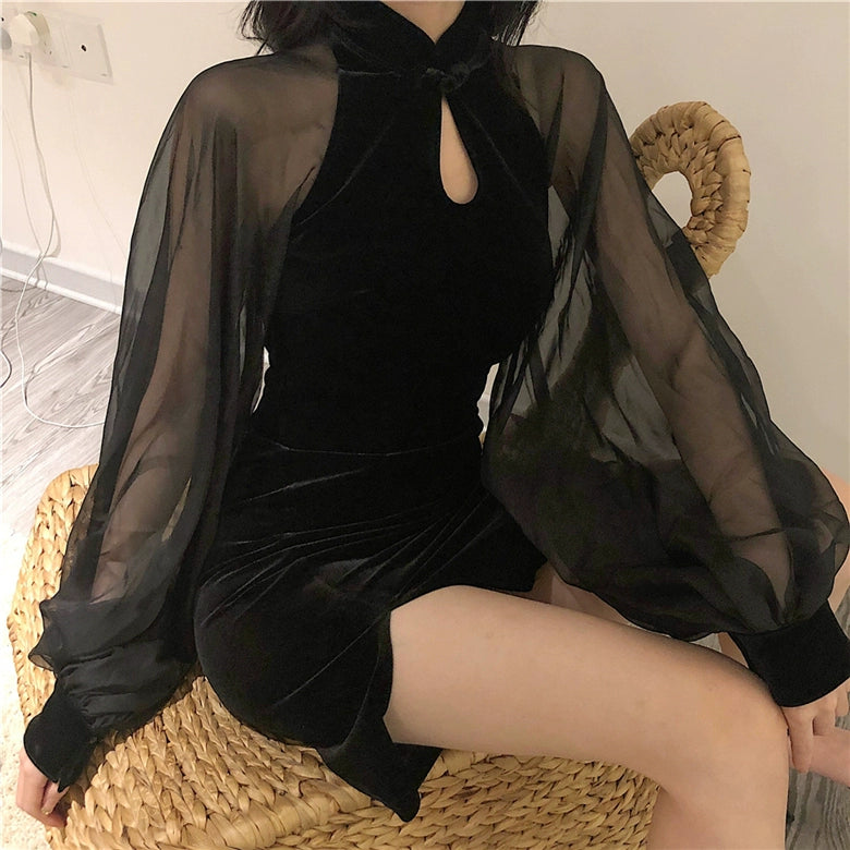 Sheer Sleeve Slit Short Dress.