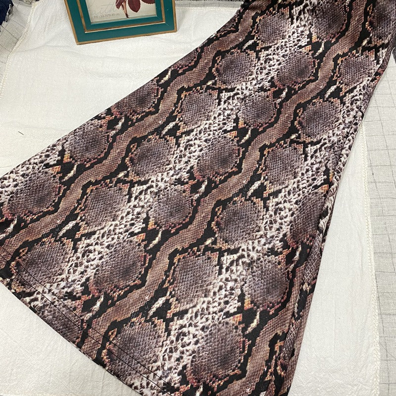 Snake Pattern Flare Pants in brown