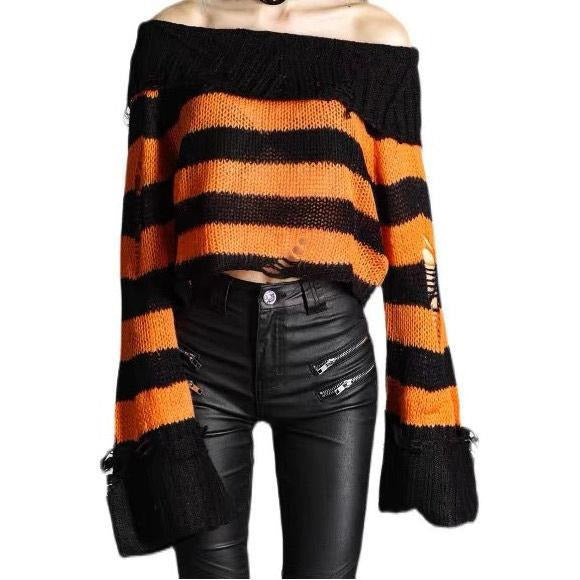 Stripe Off Shoulder Emo Crop Sweater