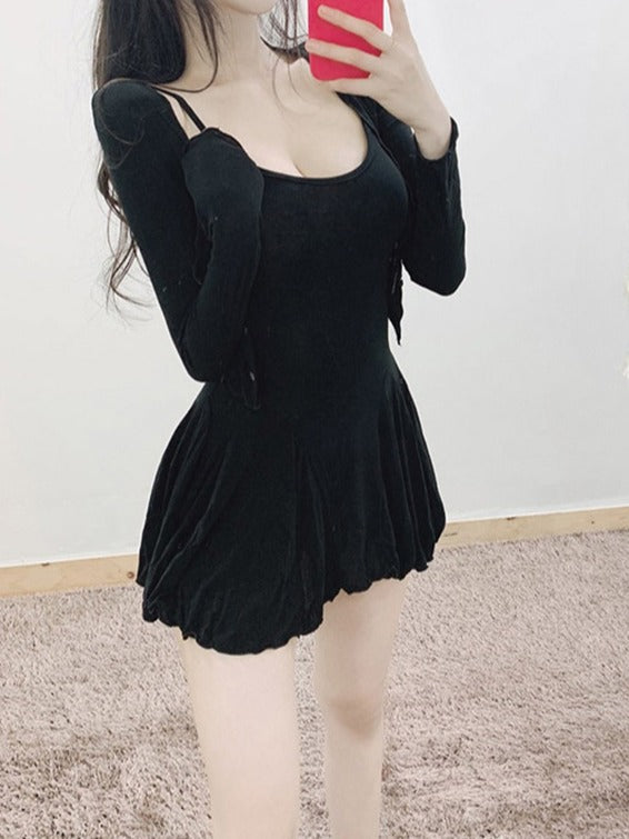 U Neck Pleated Dress & Long Sleeve Top Set