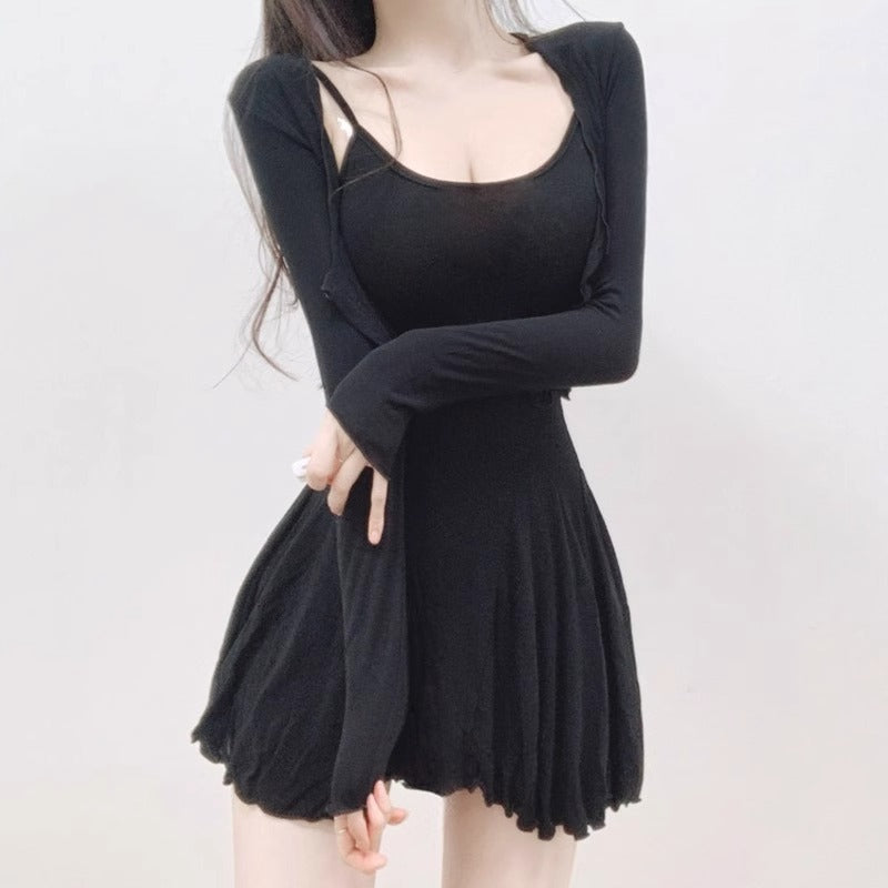 U Neck Pleated Dress & Long Sleeve Top Set