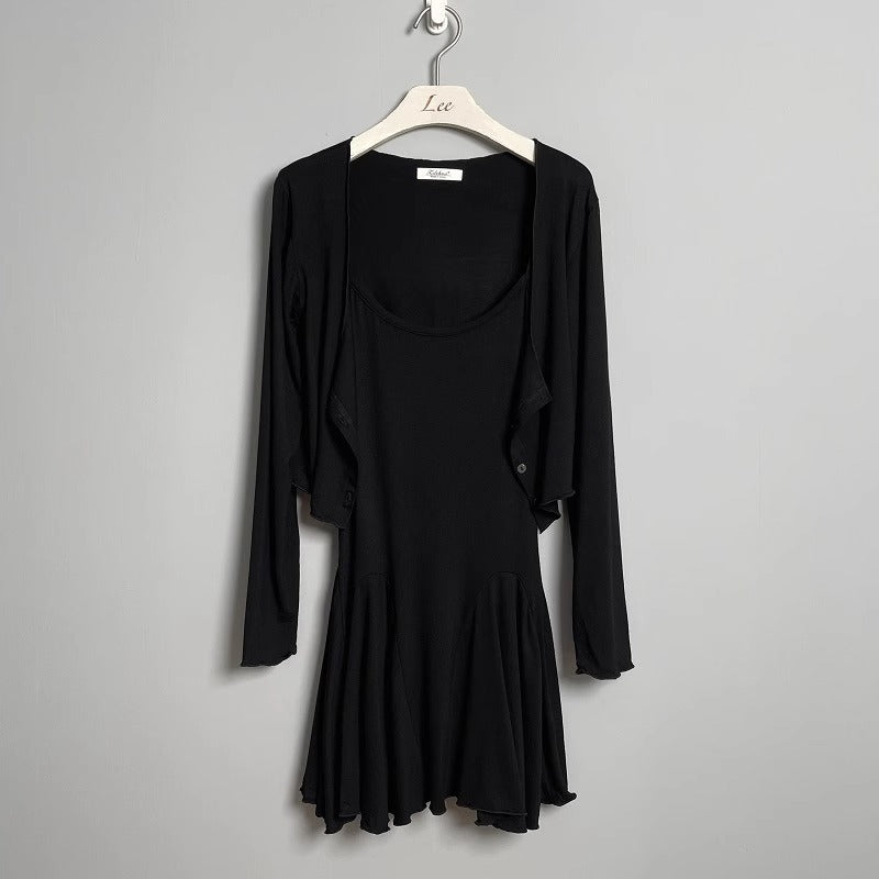 U Neck Pleated Dress & Long Sleeve Top Set