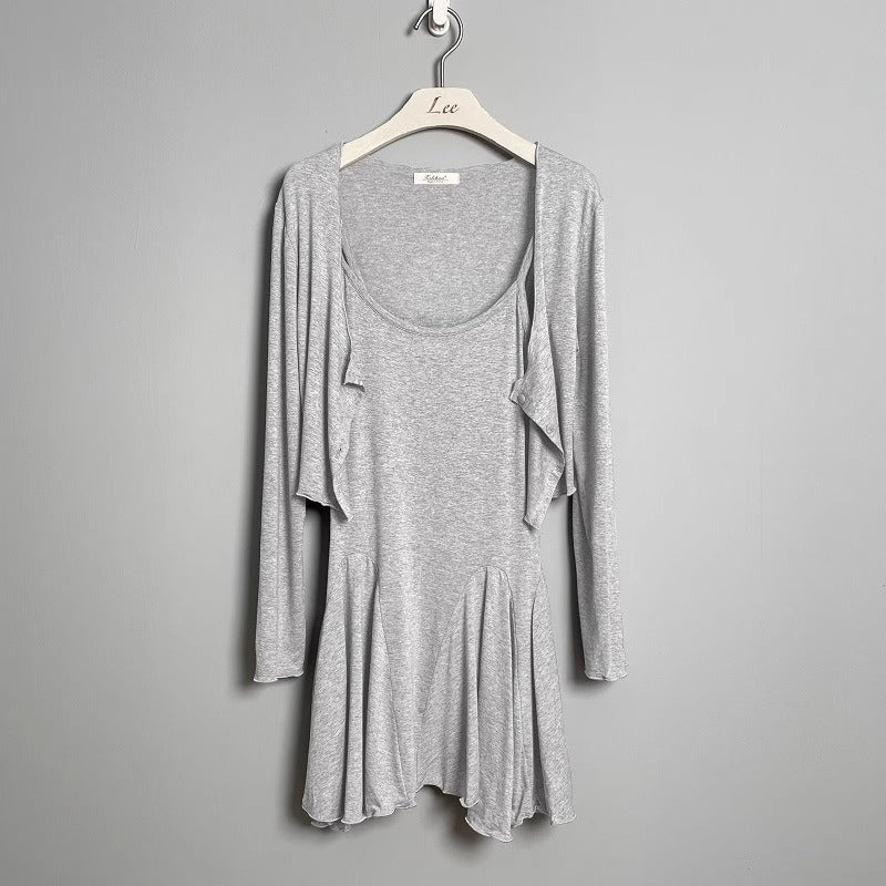 U Neck Pleated Dress & Long Sleeve Top Set