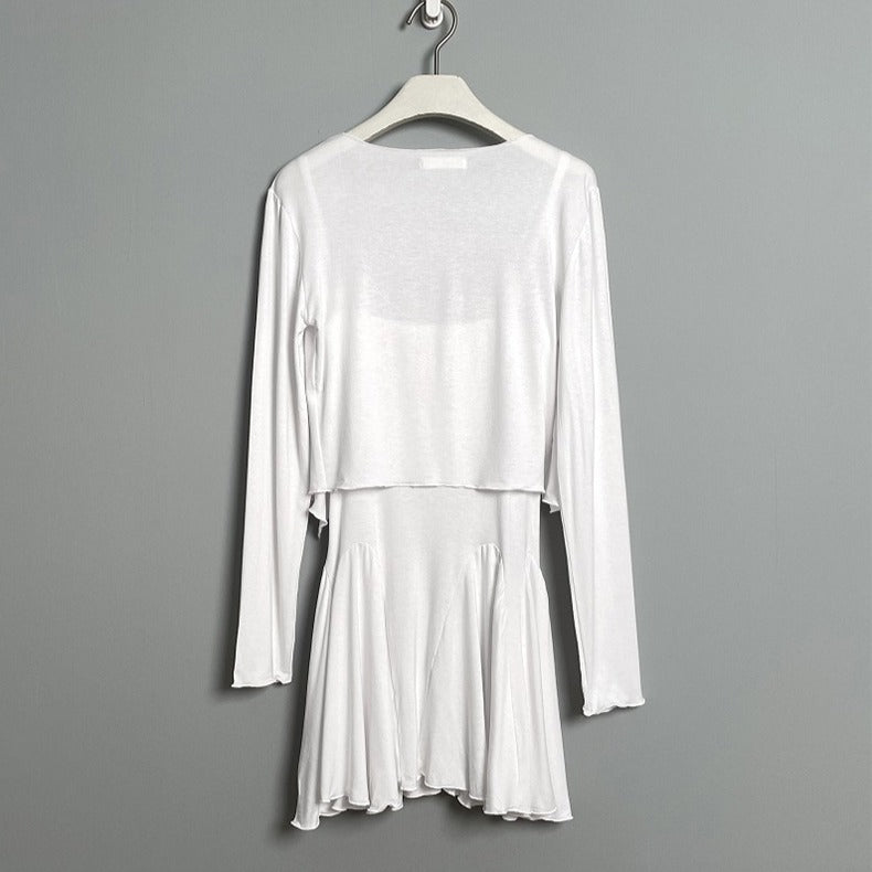 U Neck Pleated Dress & Long Sleeve Top Set