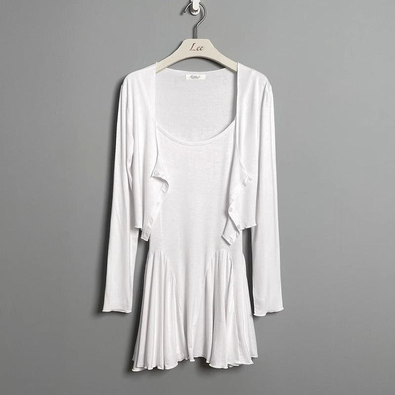U Neck Pleated Dress & Long Sleeve Top Set