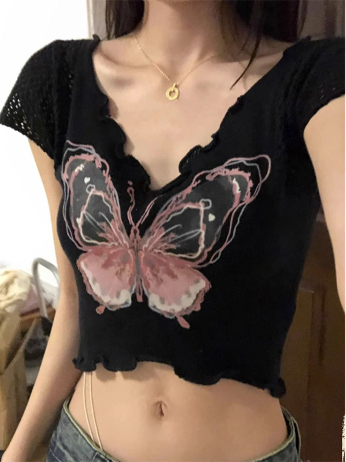 V Neck Butterfly Crop Top